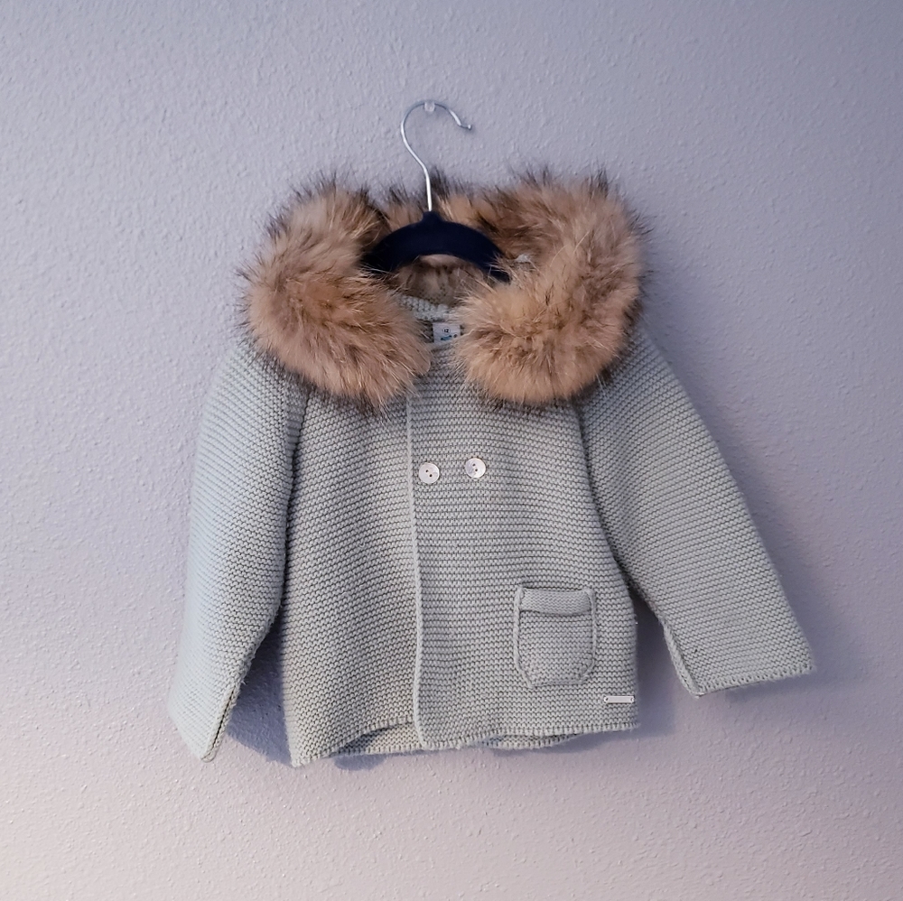 MiLoves Knit Cardigan W/Racoon Fur Trim